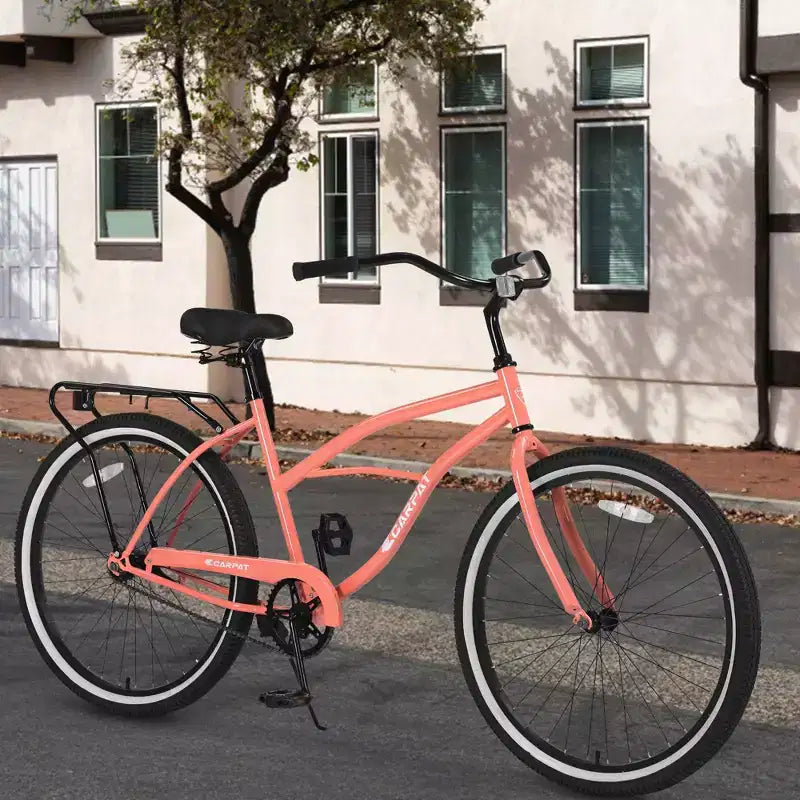Bicicletas de crucero de playa Okak 26IN con cuadro de acero, transmisión de una velocidad, bicicleta para adultos con paseos cómodos, bicicleta para hombres y mujeres, rosa