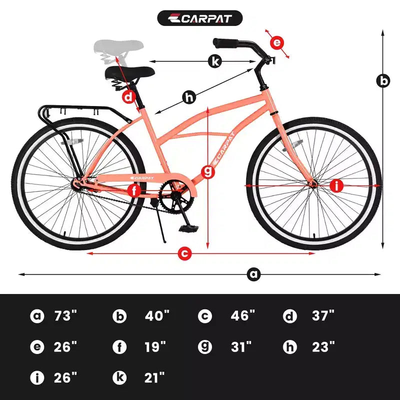 Bicicletas de crucero de playa Okak 26IN con cuadro de acero, transmisión de una velocidad, bicicleta para adultos con paseos cómodos, bicicleta para hombres y mujeres, rosa