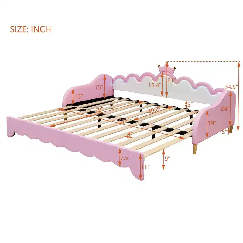 Modern Upholstered Princess Daybed with Crown Headboard, Twin to King Size Extending Daybed Sofa Bed