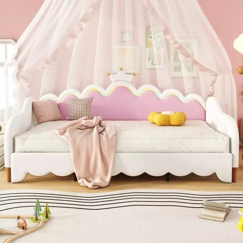 Modern Upholstered Princess Daybed with Crown Headboard, Twin to King Size Extending Daybed Sofa Bed