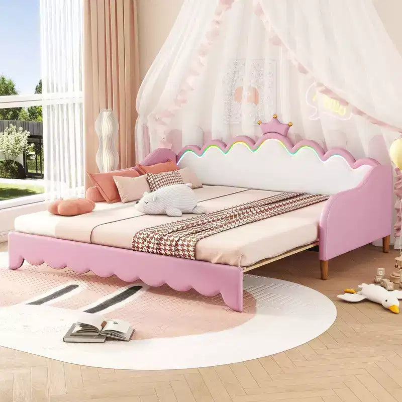 Modern Upholstered Princess Daybed with Crown Headboard, Twin to King Size Extending Daybed Sofa Bed