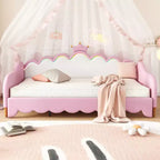 Modern Upholstered Princess Daybed with Crown Headboard, Twin to King Size Extending Daybed Sofa Bed