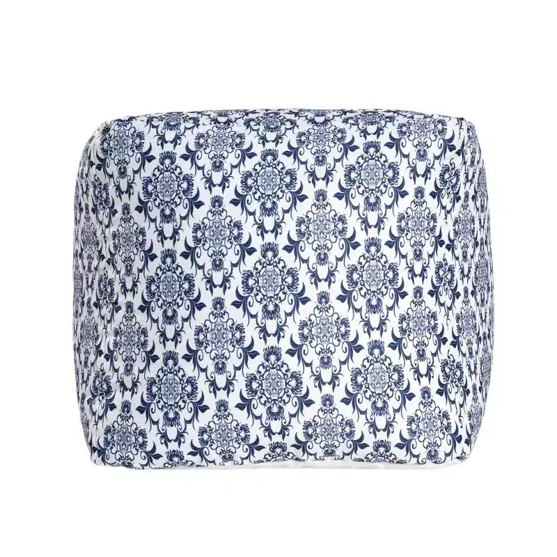 HomeRoots 18 Blue and White Upholstered Floral Pouf Ottoman