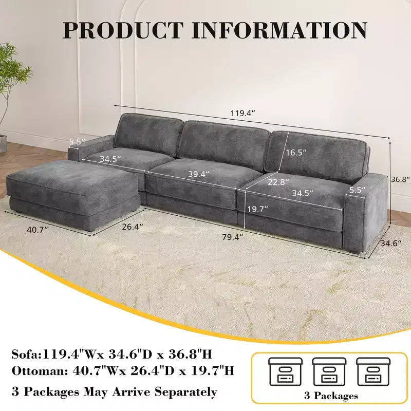 Dyonery 120 L-Shaped Modular Sectional Sofa,Oversized Cloud Couch with Movable Ottoman,4-Seat Chenille Deep Seat Sofa with Pillow,Sectional Couches