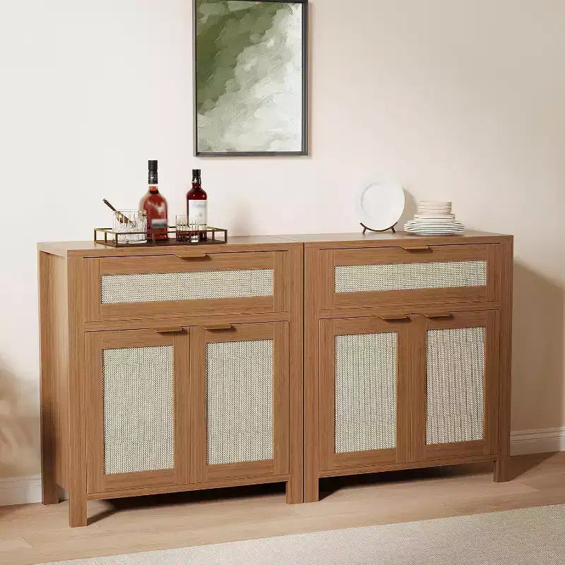 Sideboard Buffet Cabinet with Rattan Doors & Drawer  Narrow Entryway Storage Cabinet, Multi-Functional Console Table for Living Room