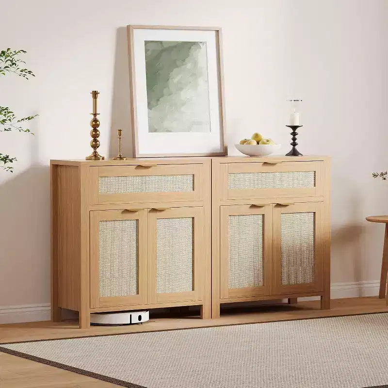 Sideboard Buffet Cabinet with Rattan Doors & Drawer  Narrow Entryway Storage Cabinet, Multi-Functional Console Table for Living Room
