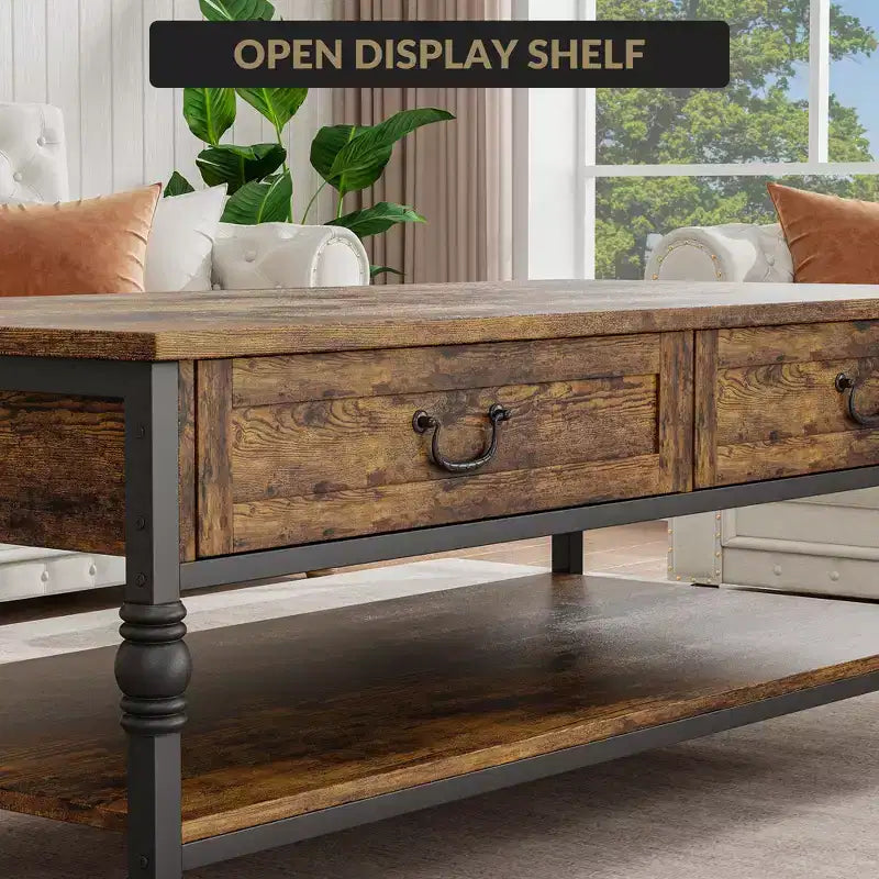 2 Drawers and Open Shelf, Vintage Coffee Table Wooden Center Table for Living Room,