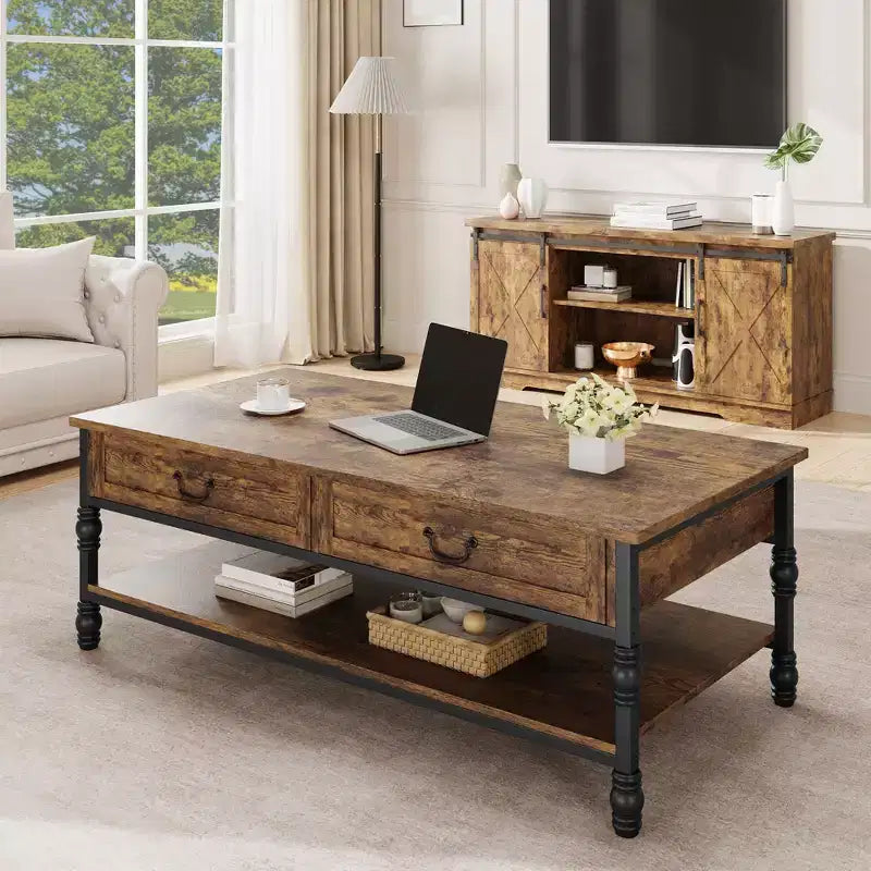 2 Drawers and Open Shelf, Vintage Coffee Table Wooden Center Table for Living Room,