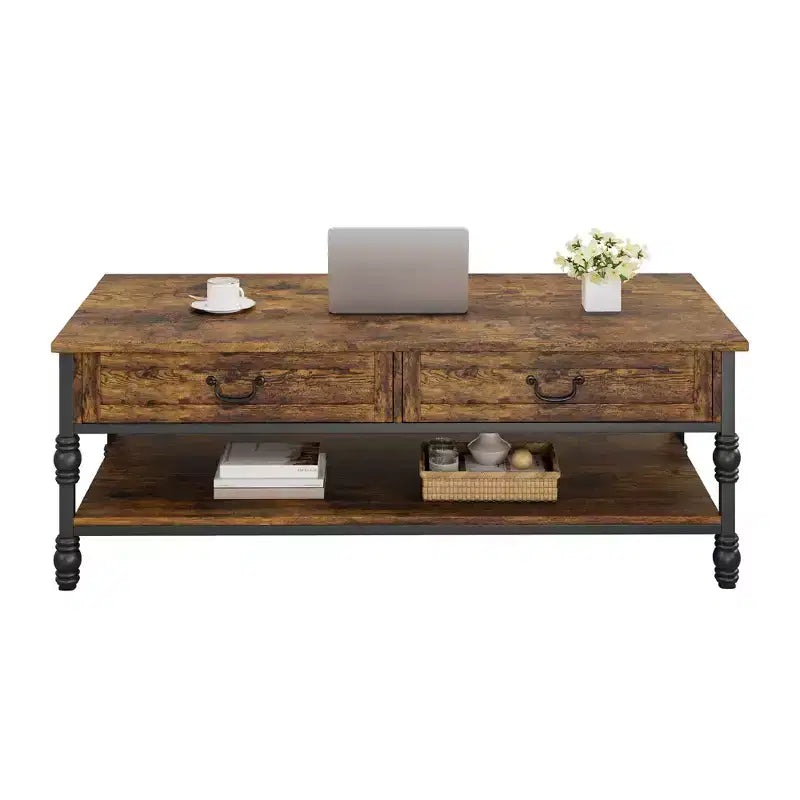 2 Drawers and Open Shelf, Vintage Coffee Table Wooden Center Table for Living Room,