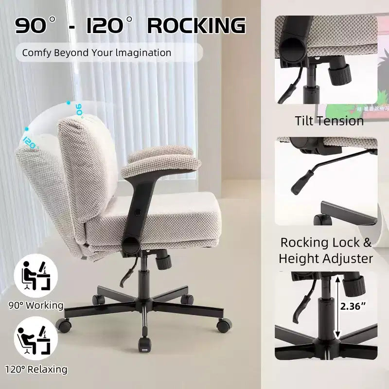 Criss-Cross Flip-Arm Chair C Thick Cushion Wide Seat, Wheels & Swivel for Home/Apartment/Bedroom