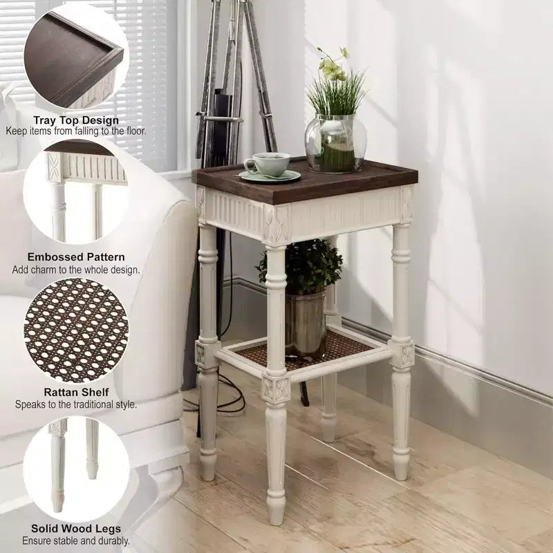 COZAYH French Country Accent End Table, Wood Tray Top Side Table, Brown & White
