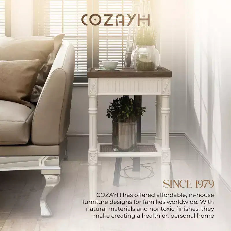 COZAYH French Country Accent End Table, Wood Tray Top Side Table, Brown & White