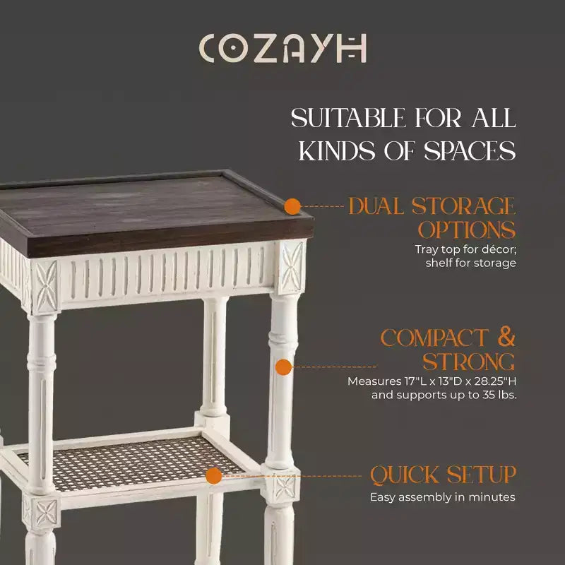 COZAYH French Country Accent End Table, Wood Tray Top Side Table, Brown & White