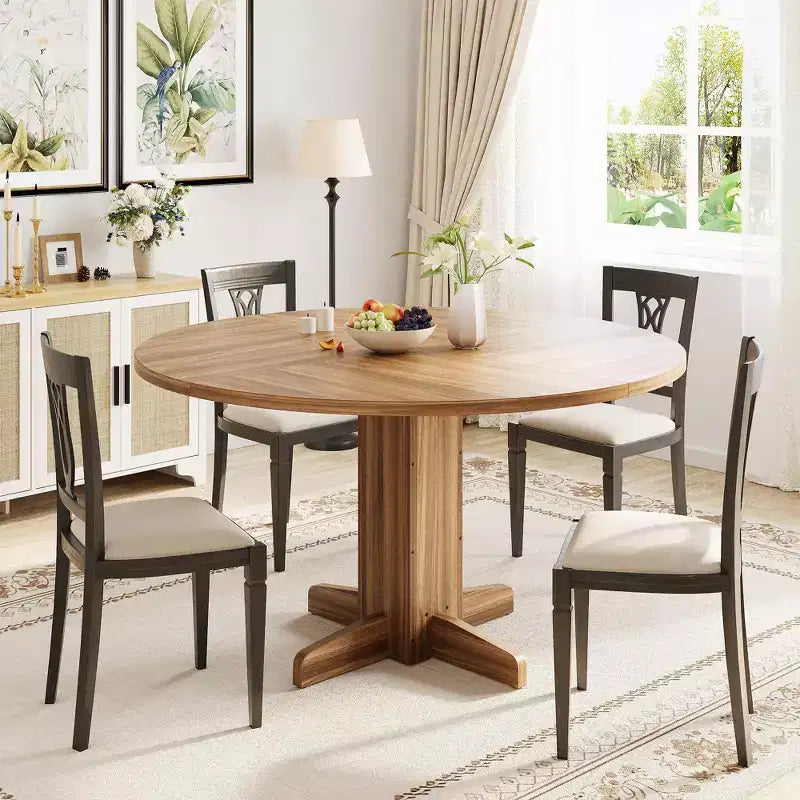 47 Wood Round Dining Table with Sturdy Pedestal Base, Farmhouse Circle Dinner Tables for 4-6 People