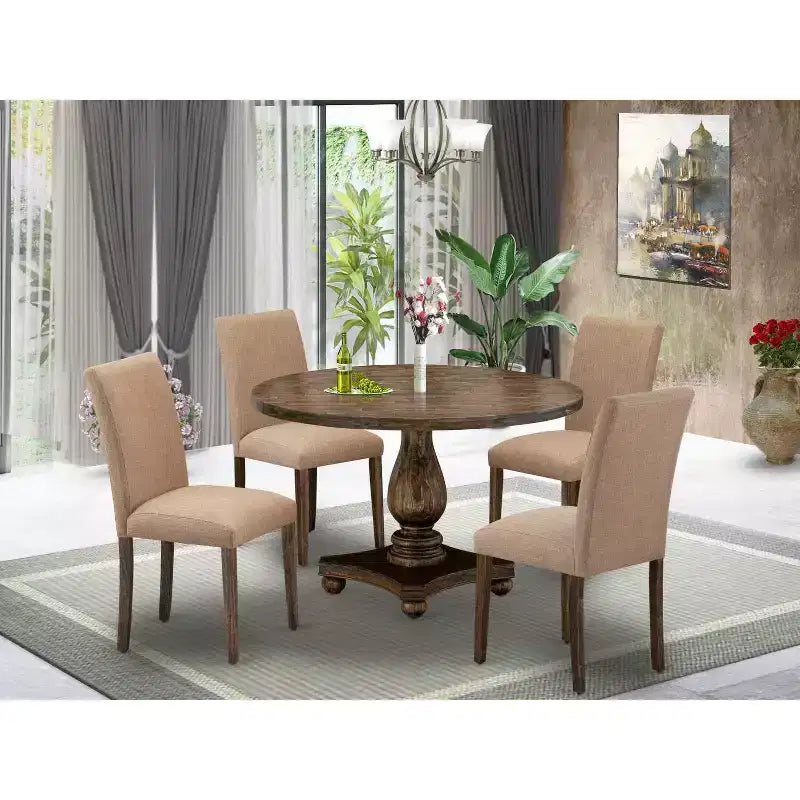 HomeStock 5-Piece Distressed Jacobean Finish Solid Wood Top Dining table with 4 Chairs