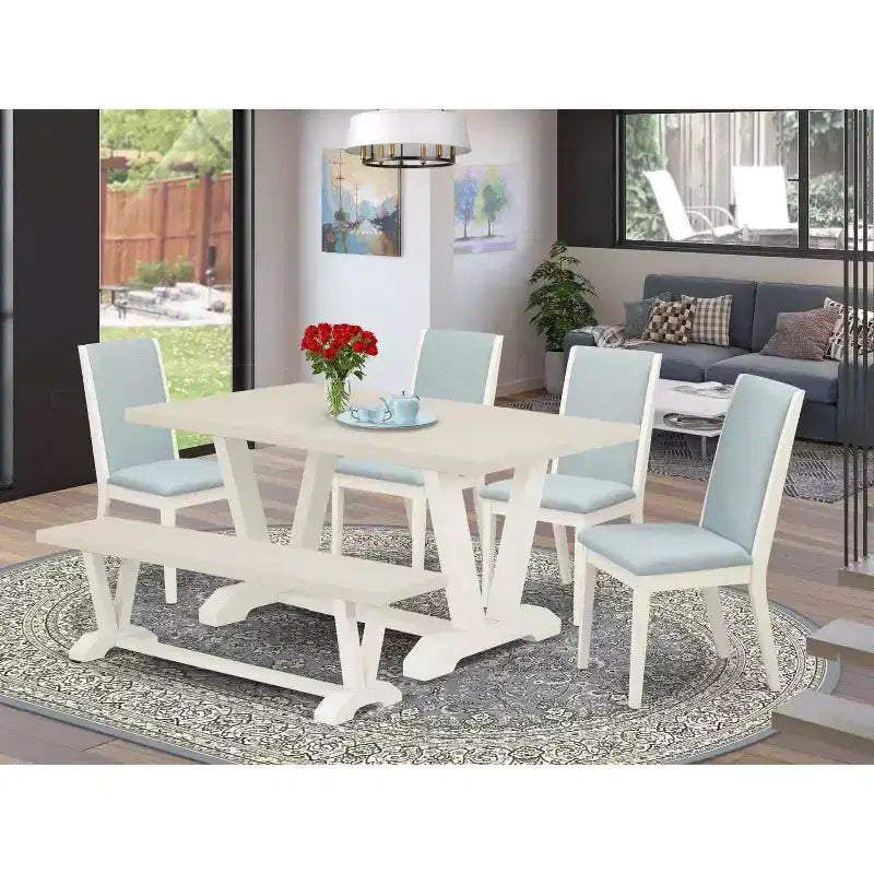 HomeStock 6-Piece Rectangle Natural Oak Finish Solid Wood Top Dining Table with 1-Bench, 4-Chairs