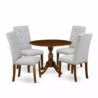 HomeStock 5-Piece Antique Walnut Finish Solid Wood Top Dining table with 4 Chairs with Drop Leaf Lattice Back