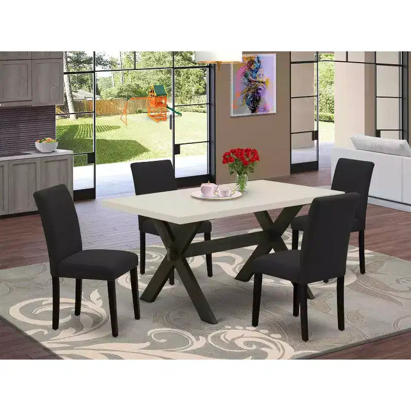 HomeStock 5-Pc Rectangle Natural Oak Finish Solid Wood Top Dining Table with 4 Upholstered Chairs