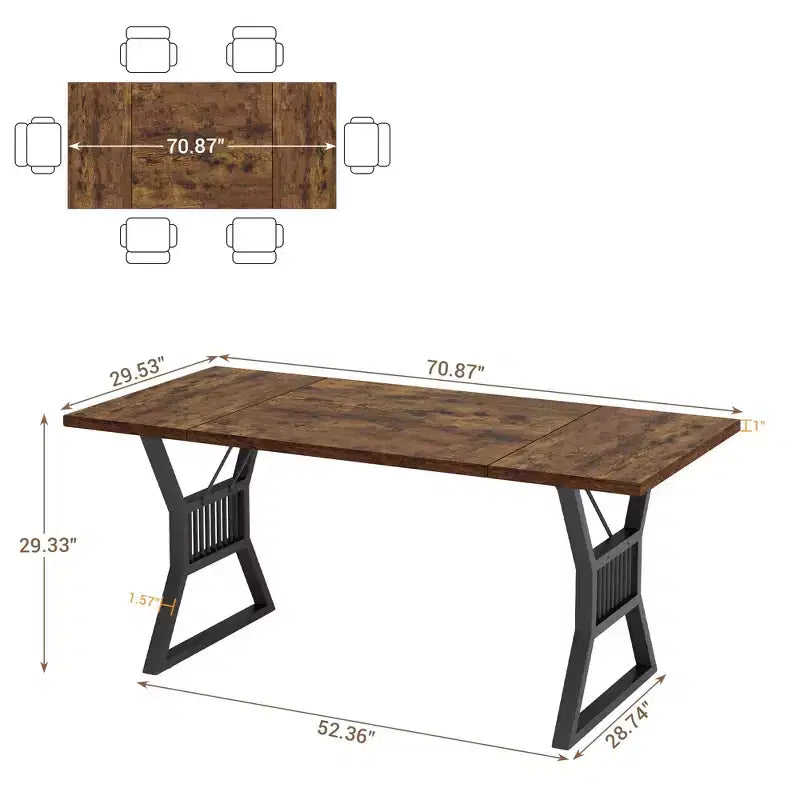 70.8 Inch Farmhouse Dining Table, Rectangular Wooden Kitchen Table with Sturdy Metal Legs, Seats 4-6, Ideal for Dining Room or Living Room
