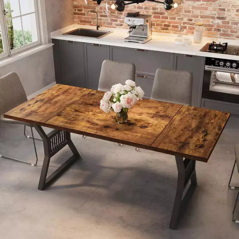 70.8 Inch Farmhouse Dining Table, Rectangular Wooden Kitchen Table with Sturdy Metal Legs, Seats 4-6, Ideal for Dining Room or Living Room