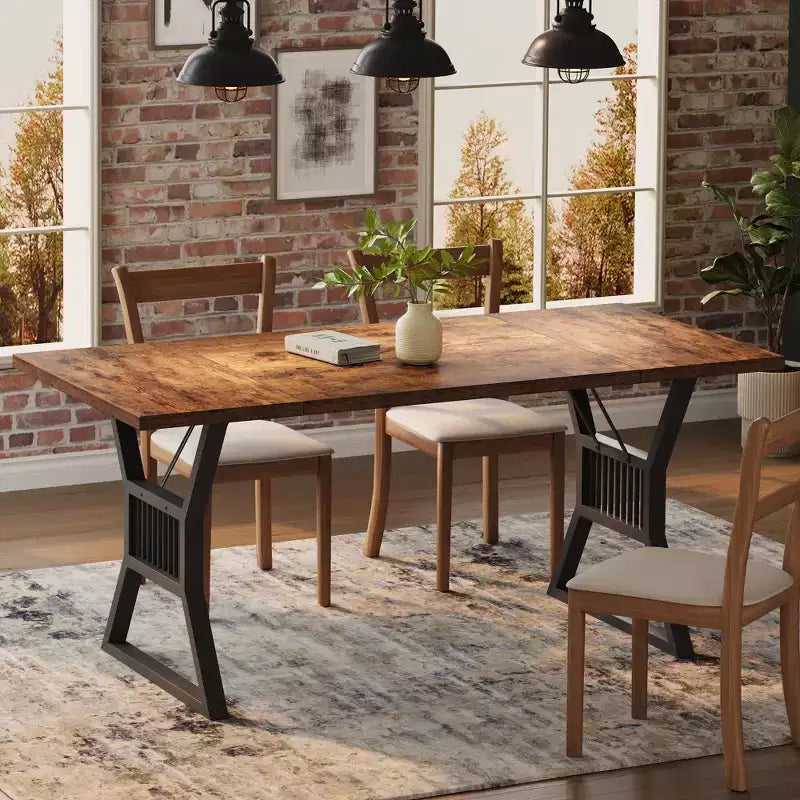 70.8 Inch Farmhouse Dining Table, Rectangular Wooden Kitchen Table with Sturdy Metal Legs, Seats 4-6, Ideal for Dining Room or Living Room