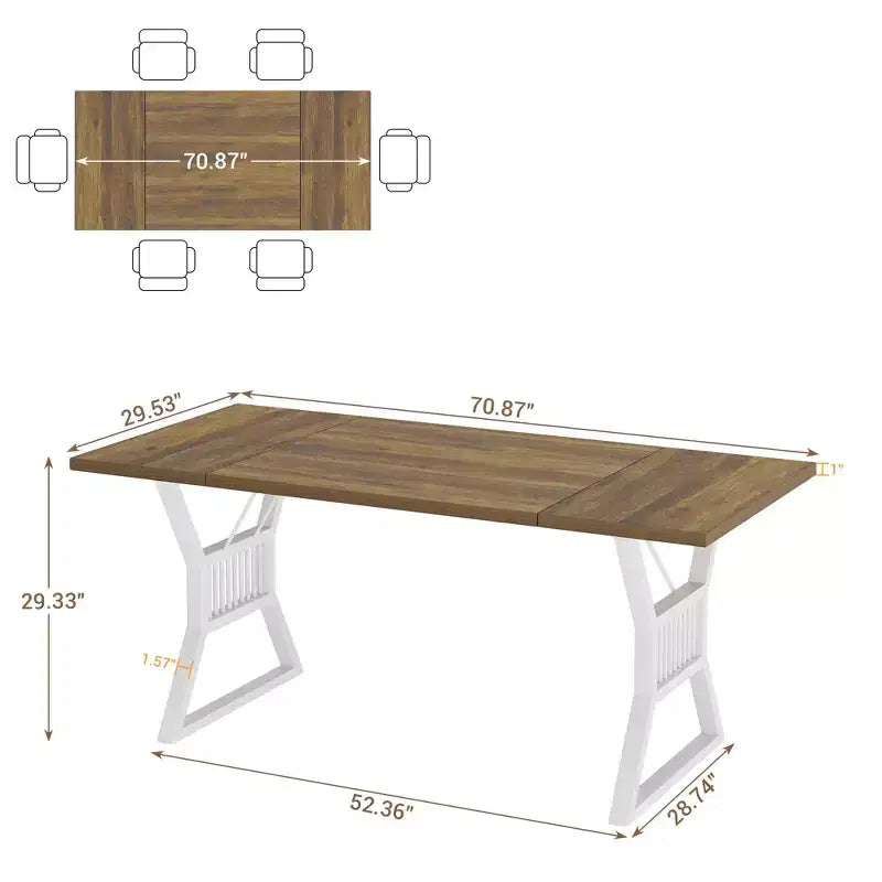 70.8 Inch Farmhouse Dining Table, Rectangular Wooden Kitchen Table with Sturdy Metal Legs, Seats 4-6, Ideal for Dining Room or Living Room