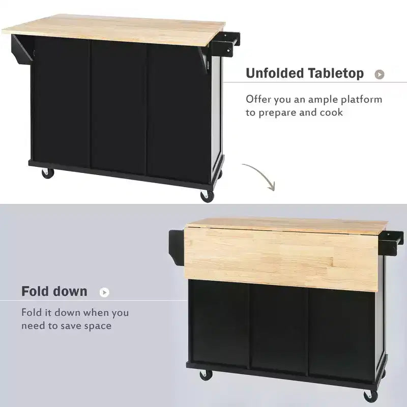 Pexfix Kitchen Island With Storage Cabinet & 3 Drawers Kitchen Cart With Rubber Wood Drop-Leaf Countertop Cabinet Storage Racks For Dinning Room Black