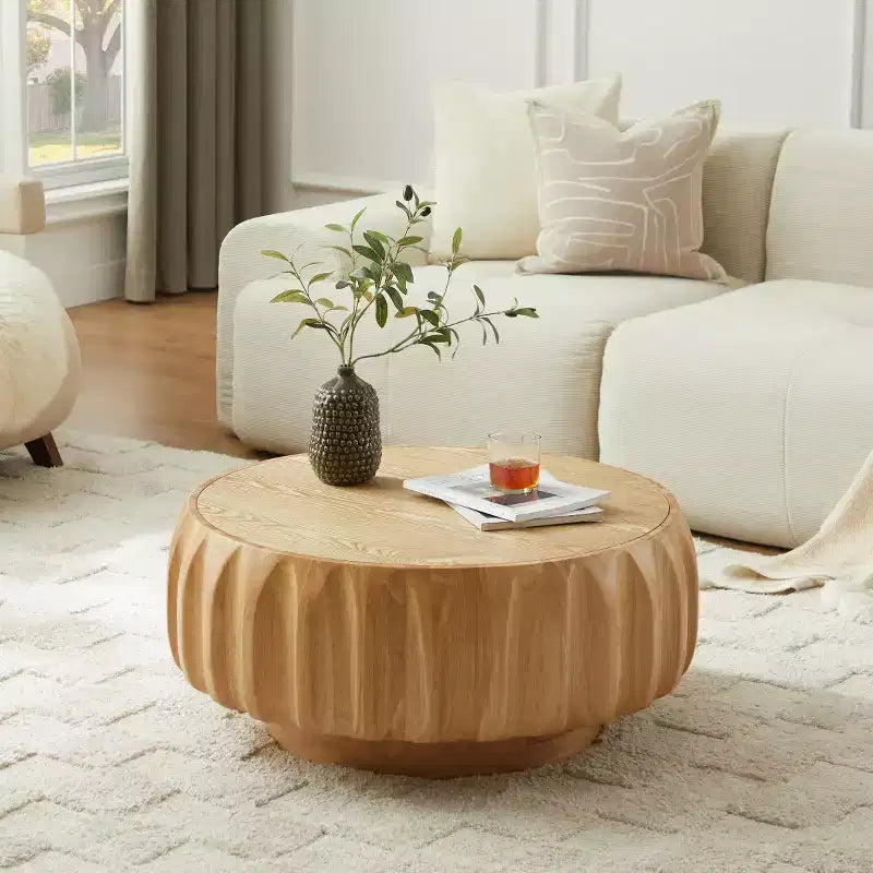 31.5 Round Wood Coffee Table, Mid-Century Modern Fluted Wood Carved Center Table for Living Room or Apartment - Panipeachy
