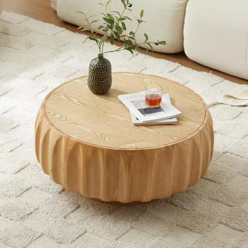 31.5 Round Wood Coffee Table, Mid-Century Modern Fluted Wood Carved Center Table for Living Room or Apartment - Panipeachy