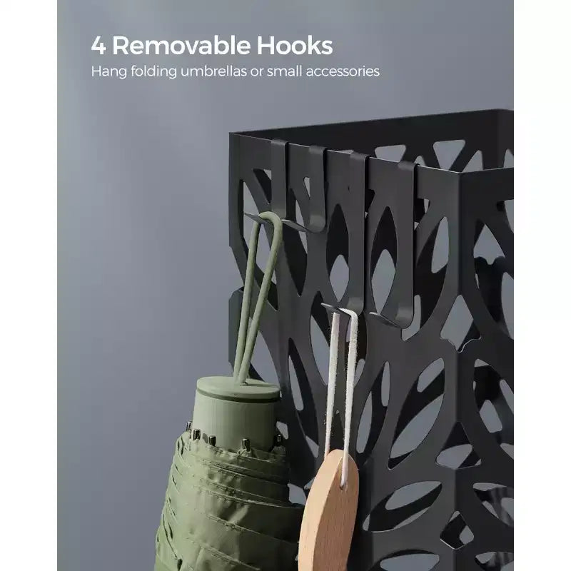 Steel Umbrella Stand with Drip Tray, Freestanding Umbrella Holder with 4 Hooks for Entryway, Organizer for Canes Walking Sticks, Black