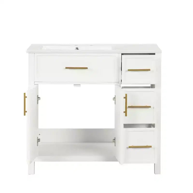 MAYEERTY 36 Bathroom Vanity with Sink Top 2 Doors 3 Drawers Solid Wood MDF White