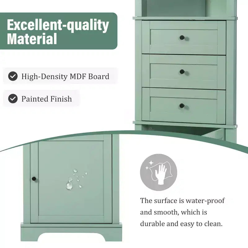 MAYEERTY Green Triangle Tall Cabinet 3 Drawers Adjustable Shelves MDF Painted