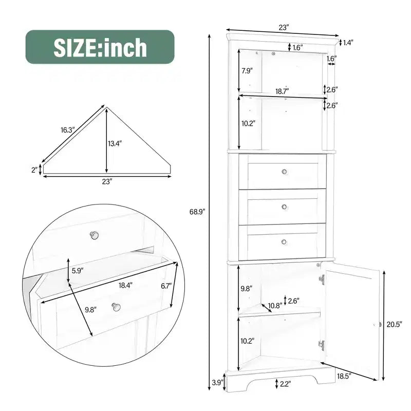 MAYEERTY Green Triangle Tall Cabinet 3 Drawers Adjustable Shelves MDF Painted