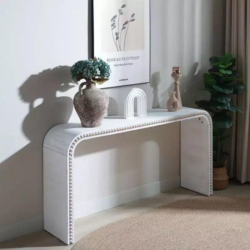 59 Waterfall Console Table with Beaded Trim, Boho Farmhouse Long Curved Entryway Table for Living Room, Foyer - Panipeachy