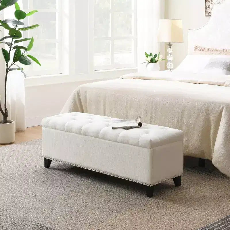 TUYOHW 47.5 Storage Ottoman Bench,Button Tufted Teddy End of Bed Bench with Safety Hinge,Ottoman for Living Room,Entryway,500lb Capacity