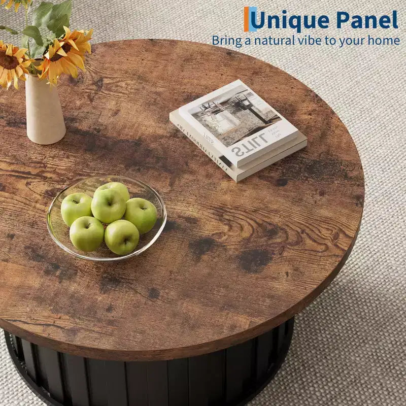 COZONY Round Coffee Table with Fluted Design and Metal Base, Mid-Century Modern Center Table for Living Room Apartment