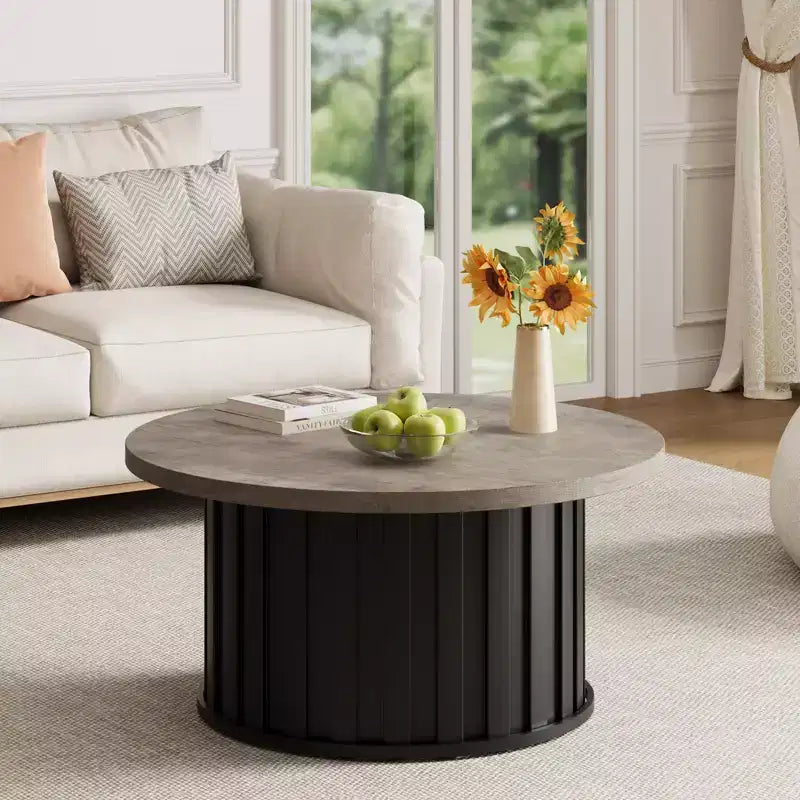 COZONY Round Coffee Table with Fluted Design and Metal Base, Mid-Century Modern Center Table for Living Room Apartment