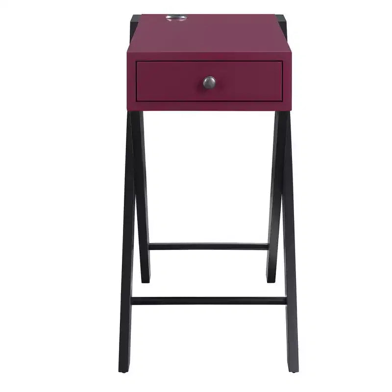 Royal Hampton Frame Side Table with X Shaped Legs and 1 Drawer, Purple and Black