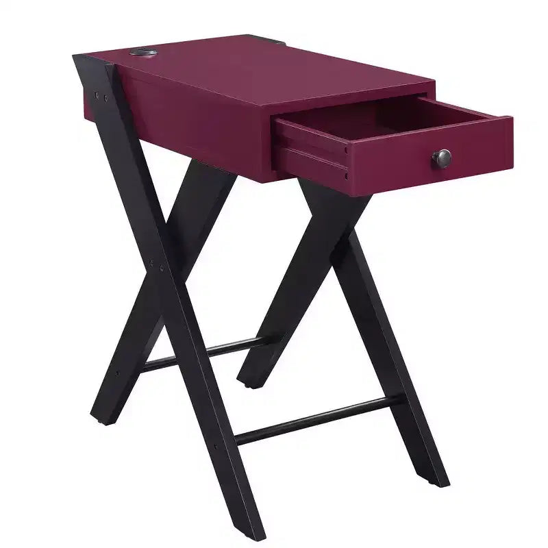 Royal Hampton Frame Side Table with X Shaped Legs and 1 Drawer, Purple and Black