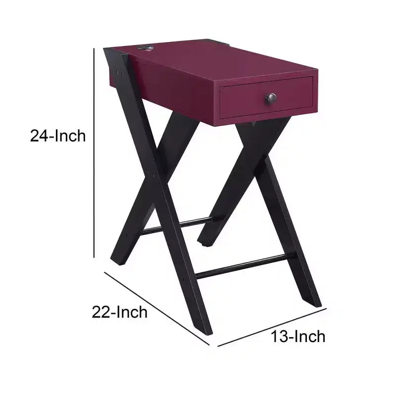 Royal Hampton Frame Side Table with X Shaped Legs and 1 Drawer, Purple and Black