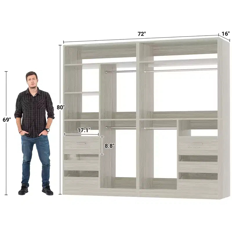 Besiost Set of 2 Closet System with Wood Drawers, Freestanding Closet Organizer with Hanging Rods