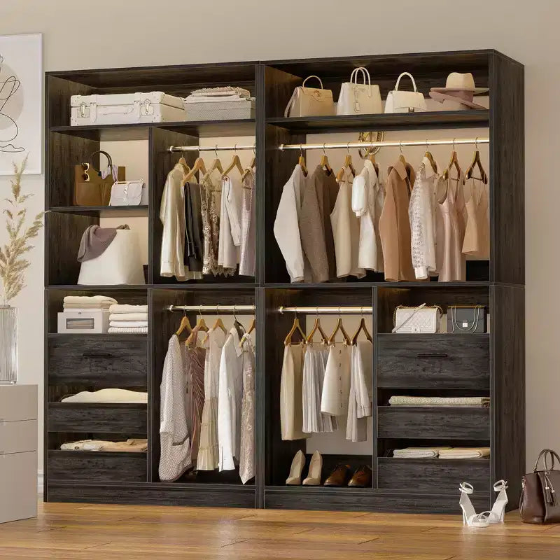 Besiost Set of 2 Closet System with Wood Drawers, Freestanding Closet Organizer with Hanging Rods