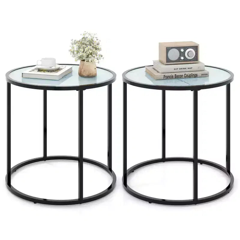 Costway 2PCS Glass End Table 20 Round Side Table w/ Metal Frame & Faux Marble Glass Top
