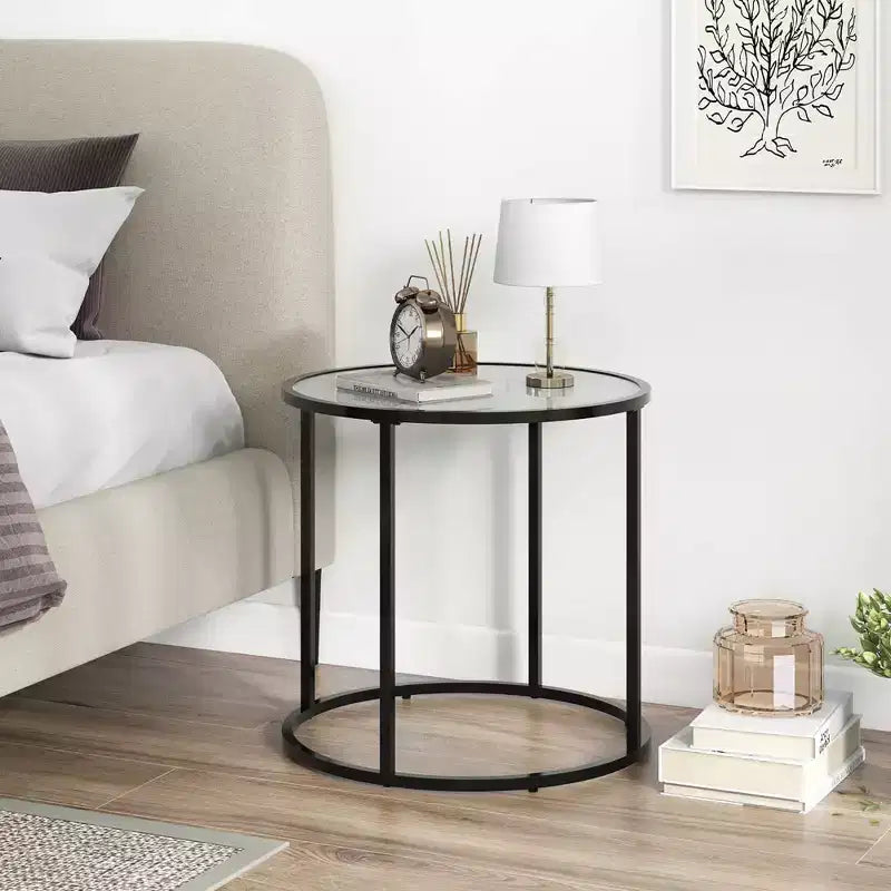 Costway 2PCS Glass End Table 20 Round Side Table w/ Metal Frame & Faux Marble Glass Top