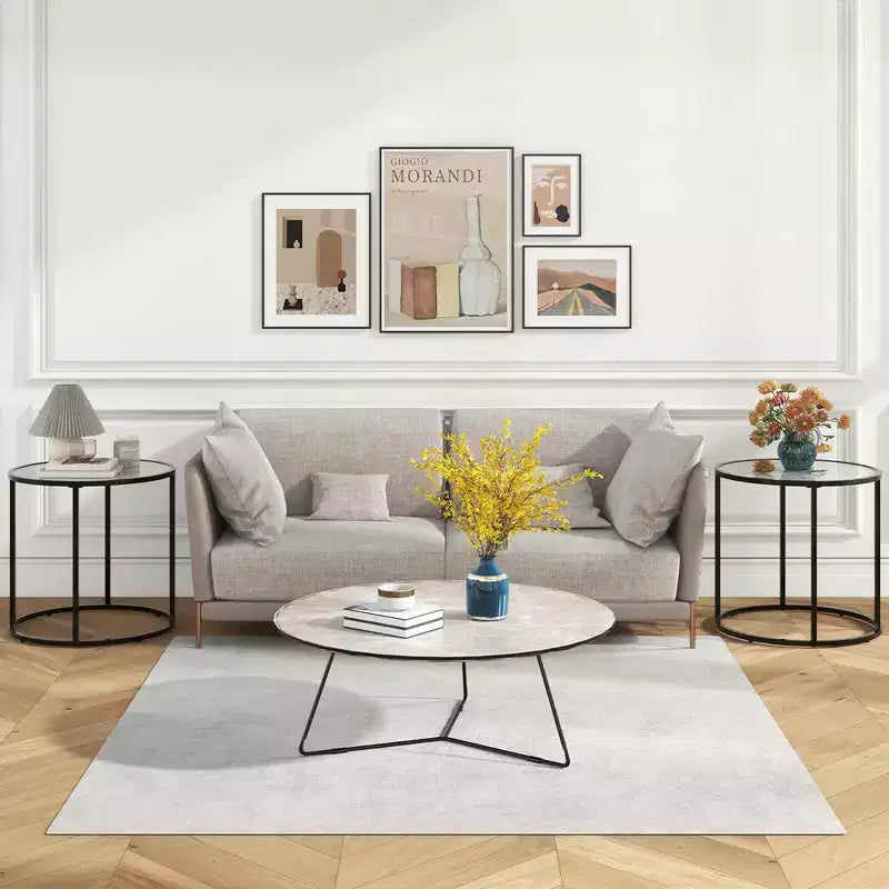 Costway 2PCS Glass End Table 20 Round Side Table w/ Metal Frame & Faux Marble Glass Top