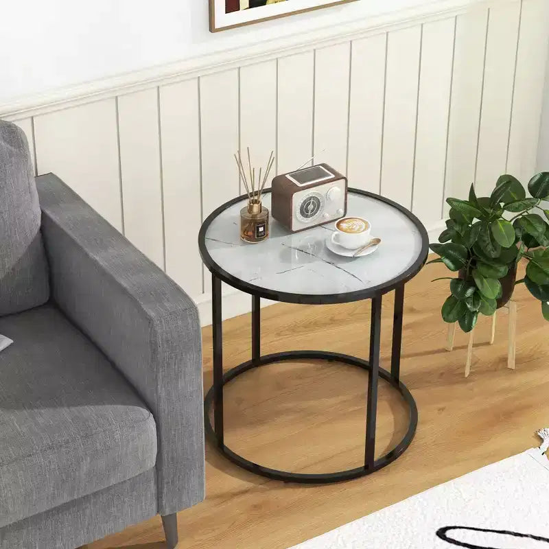 Costway 2PCS Glass End Table 20 Round Side Table w/ Metal Frame & Faux Marble Glass Top