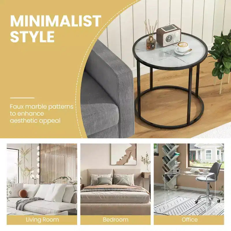 Costway 2PCS Glass End Table 20 Round Side Table w/ Metal Frame & Faux Marble Glass Top