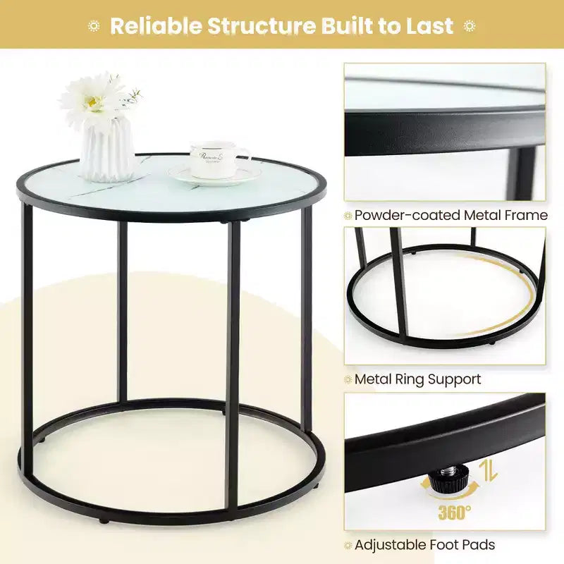 Costway 2PCS Glass End Table 20 Round Side Table w/ Metal Frame & Faux Marble Glass Top