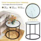 Costway 2PCS Glass End Table 20 Round Side Table w/ Metal Frame & Faux Marble Glass Top