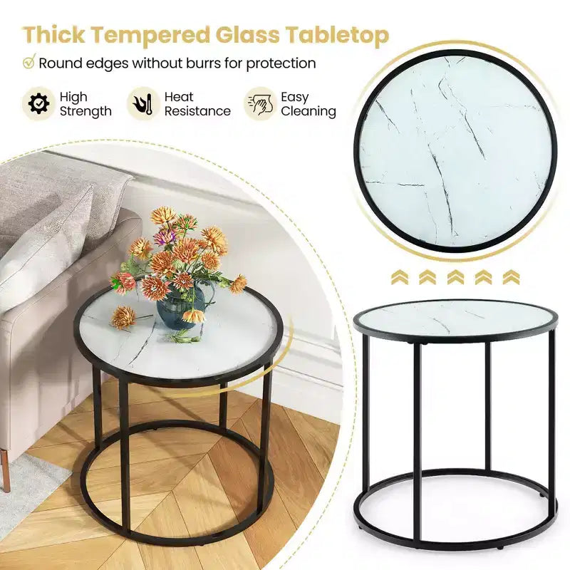 Costway 2PCS Glass End Table 20 Round Side Table w/ Metal Frame & Faux Marble Glass Top
